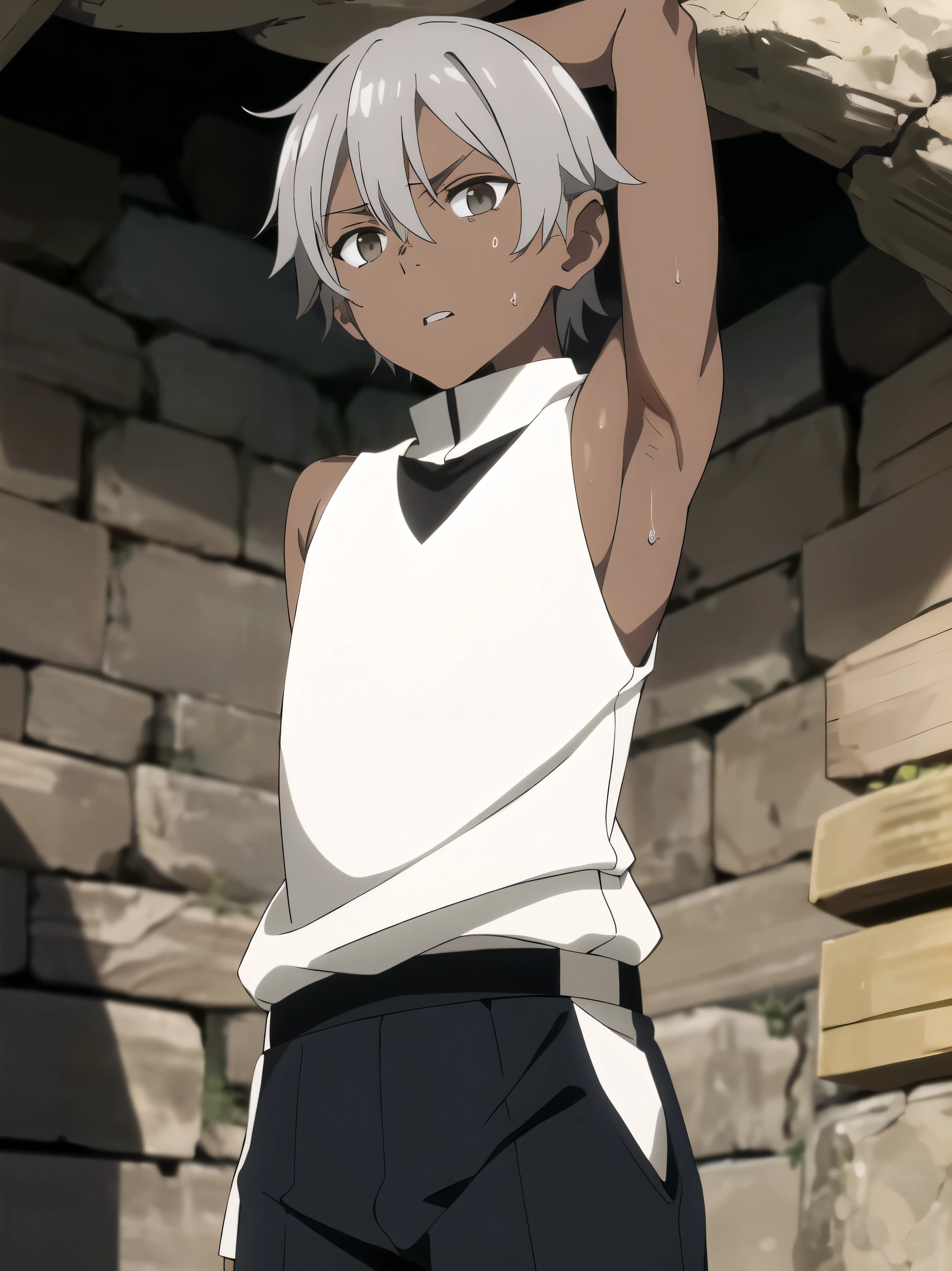Ultra sharp, Highres, Masterpiece, Best quality at best,Best Quality,hight quality, hight detailed, 1boy, Silver hair, Shota, Sleeveless shirt, Dark skin, Sweat, Slim body, Upper body, Depth of field, Anime Screencap Style, Seen from front, (Showing armpit:1.3), (very small and short stature), (very young boy), 12-year-old boys, Blurry beckground