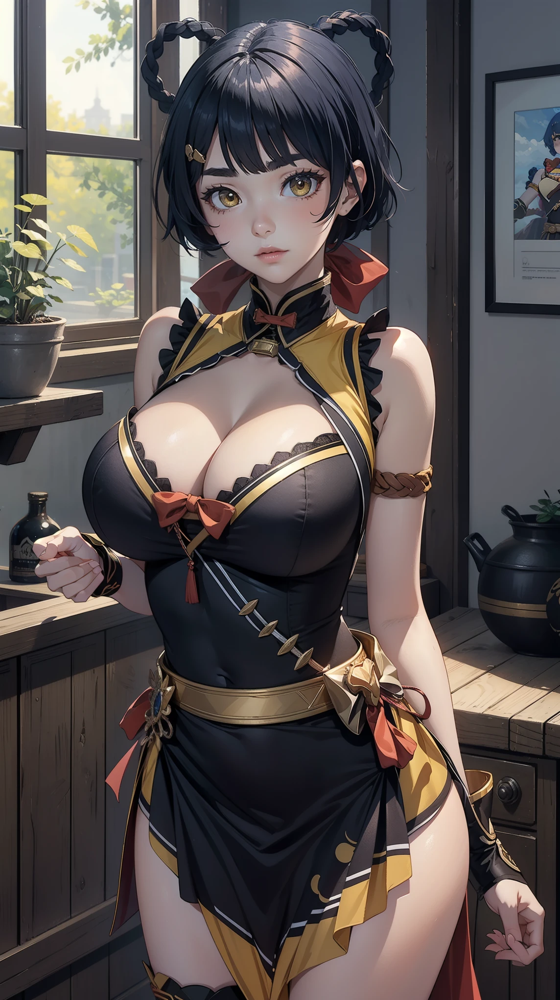 Masterpiece, ultra detail, high quality, 8k cg, (huge breasts), xianglingdef, blush, bright eyes, standing, indoors, slim body, narrow waist, upper body