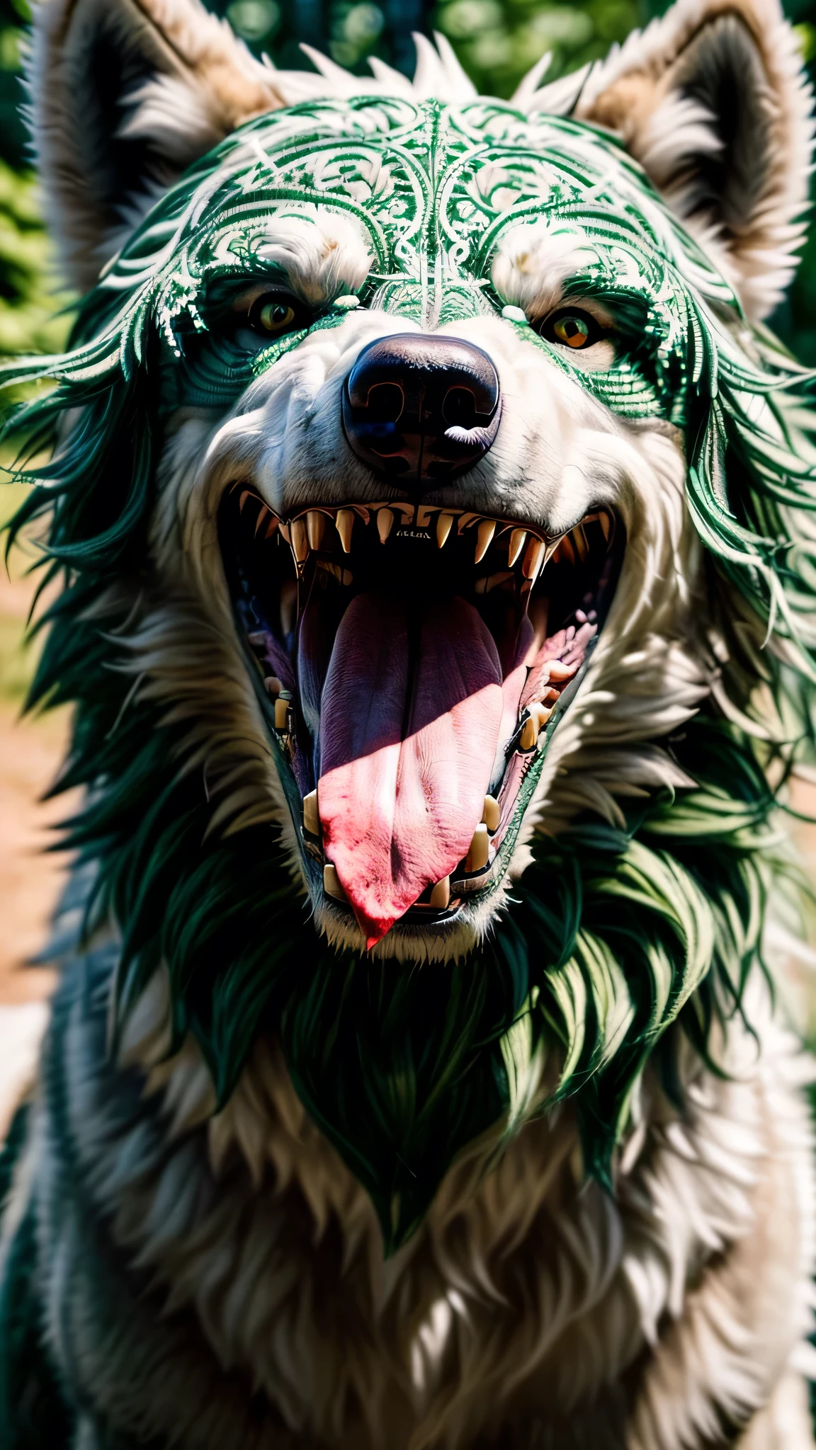 ((best quality: 1.2)) ((masterpiece, extremely intricate:1.3)), soft focus, professional, (((green furred gigantic dire wolf, bloody mouth, howling)), photorealistic, hyper-realistic, 8K