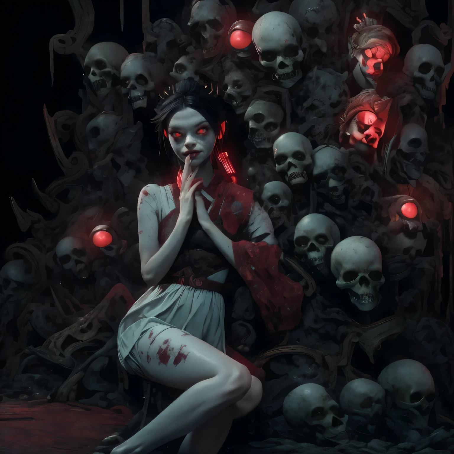 [(1woman,red haired,creepy red eyes,fangs,pale skin,red wine claws,creepy white dress,thin body,nice hands,nice fingers,nice legs,nice mouth,nice face,nice body,perfect anatomy)],[ ghoul,thin body,cute,pretty)],masterpiece, highres, an image of a beautiful cyberpunk  Mila Kunis fairy goth, green eyes, black hair best quality, 8k, best quality, ultra-detailed,1girl, , 8 years old, 1girl, lilsis, dirty, blood, pajamas dress, black hair, dress, horror \(theme\), glowing eyes, creepycute, (bedroom:1.4)