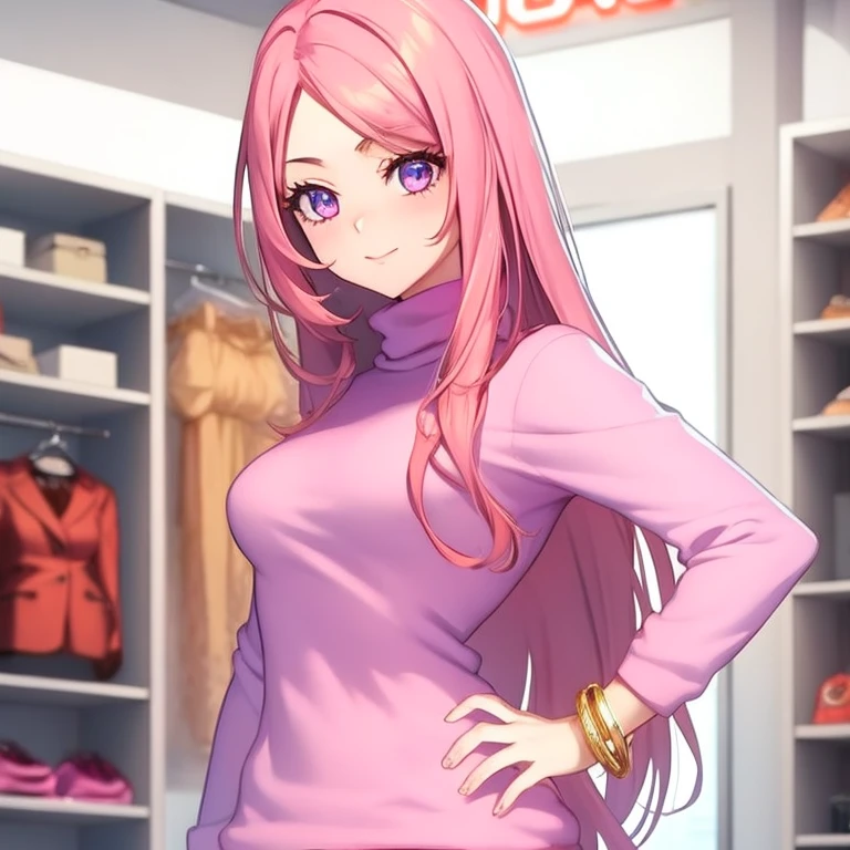 masterpiece, best quality, high resolution, UHD, 8k, ((cowboy shot)), BREAK, 1 girl, ((girl style anime)), Glossy skin, rounded eyes, beautiful eyelashes, realistic eyes, beautiful woman, with purple eyes, long hair, pink hair, with red balayage highlights, dressed in a pink turtleneck sweater, pink fur coat,  wearing a pink dress, with bracelets on their wrists, perfect body, medium breasts, BREAK, BREAK, in a clothe store very nice, with a small dog in her hands.