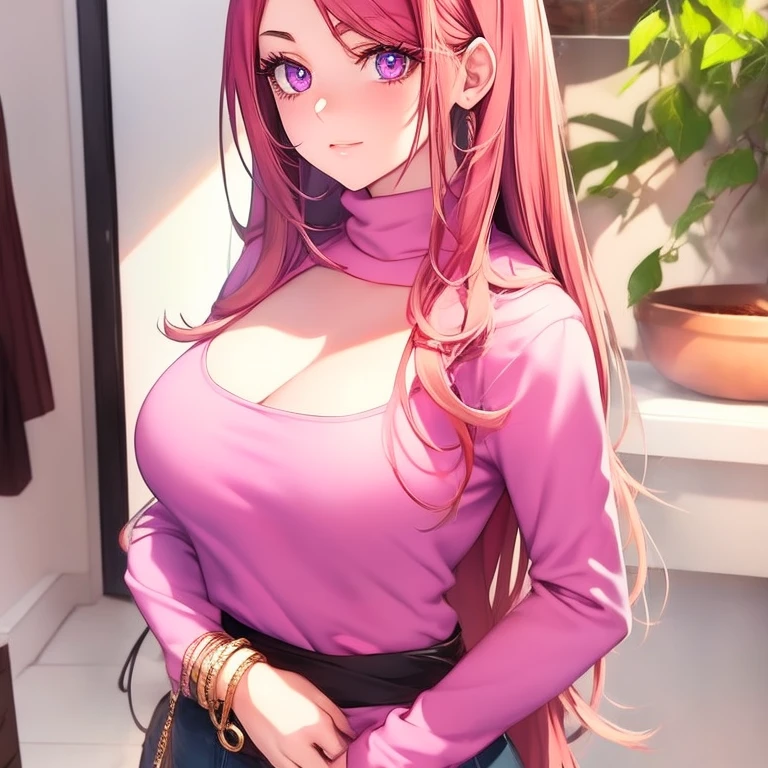 masterpiece, best quality, high resolution, UHD, 8k, ((cowboy shot)), BREAK, 1 girl, ((girl style anime)), Glossy skin, rounded eyes, beautiful eyelashes, realistic eyes, beautiful woman, with purple eyes, long hair, pink hair, with red balayage highlights, dressed in a pink turtleneck sweater, pink fur coat,  wearing a pink dress, with bracelets on their wrists, perfect body, medium breasts, BREAK, BREAK, in a clothe store very nice, with a small dog in her hands.