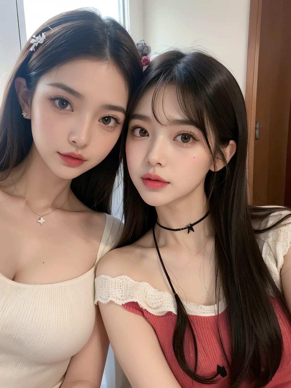 Kim Jennie with white brown hair, con rulos en las puntas, with two bows on each side of the hair, all her hair white brown, with a star clip in her white brown hair, ojos de color claro, ojos bonitos, ojos llorosos, nariz bonita y respingada, nariz lloroso, labios bonitos, labios rosas, heart and cupid shaped lip, piel bonita, pale, piel blanca, con lunares y pecas en todo el rostro, rubor rosa suave en las mejilla, rubor rosa natural, maquillaje suave y rosa, jennie, cuello bonito, cuello marcado, frown, mirada tierna, con un collar de beso, un collar bonito de beso, parecido a Yumeko Jabami, mientras lleva puesto un Crochet YK2, de lana, with a YK2 style brown mini skirt, mientras tiene el abdomen desnudo, delgado, marcado y bonito, (pechos grandes, pechos suaves, pechos bonitos), mientras esta haciendo cospaly del personaje Yumeko Jabami, del anime Kakegurui, mirando a la camara, autofoto, selfie bonita