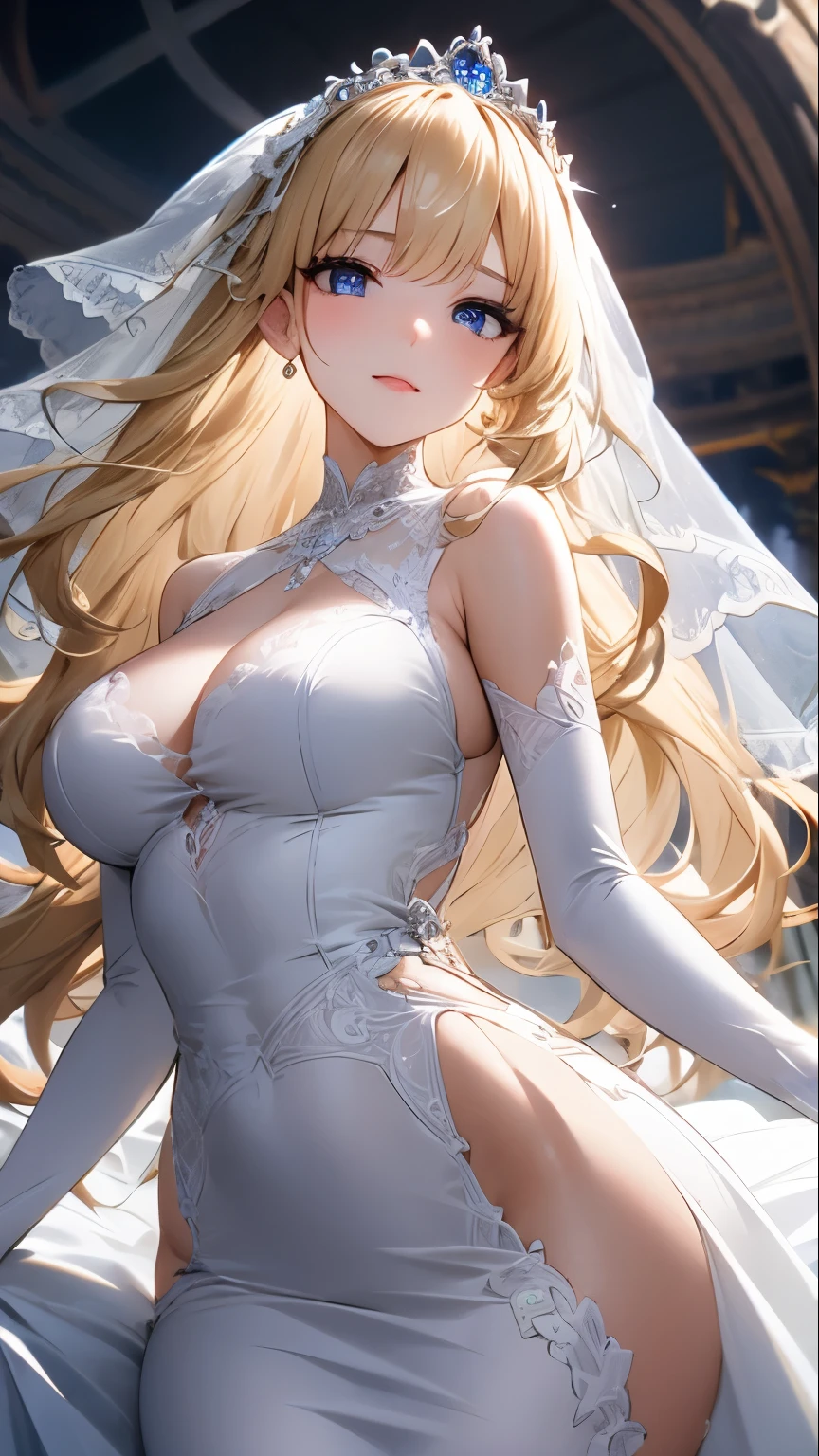 Blonde、long、Curly Hair、Wedding dress、White Dress、Long Skirt、180cm、G-Cup　Blue Eyeature、Long Gloves、Big tiara、Princess Line、Beautiful Face、Dirty face、