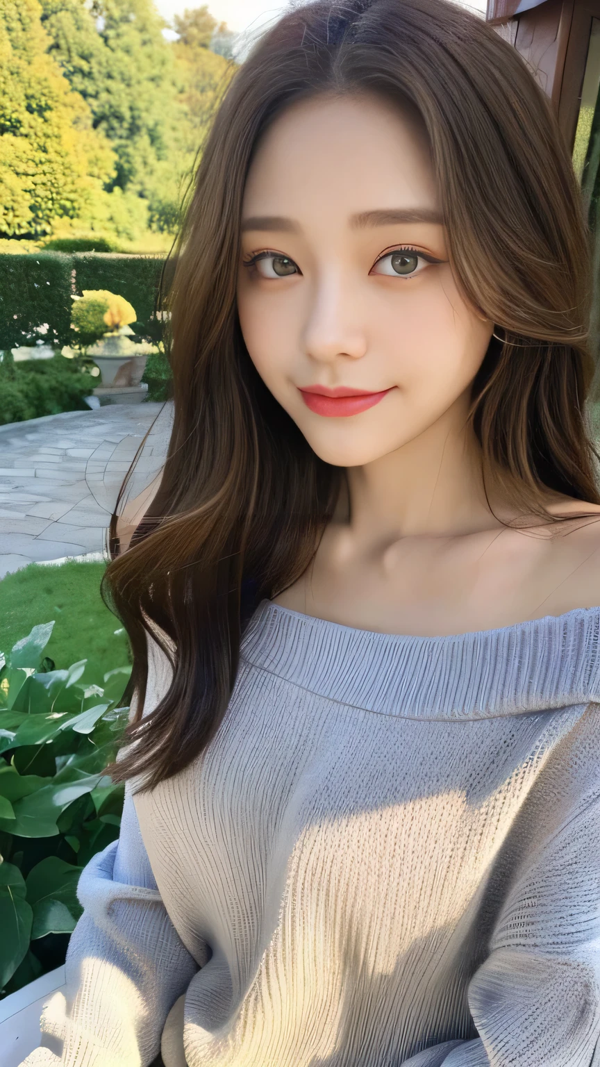 ((highest quality, 8K, masterpiece:1.3)), concentrated:1.2, Perfect body beauty:1.4, Hips:1.2, ((Delicate Hair)), (Colorful Solid Cold Shoulder Oversized Sweater、 :1.1) , ((highest quality、8K、masterpiece:1.3))、1 Girl、A sloppy smile、Esbian all over、Slim face、Big 、Beautiful woman、(Dark Brown Hair)、、1.1、Flickering Valley、Detailed eyes、double eyelid、Blurred Background、超Slim face、Looking down、garden、