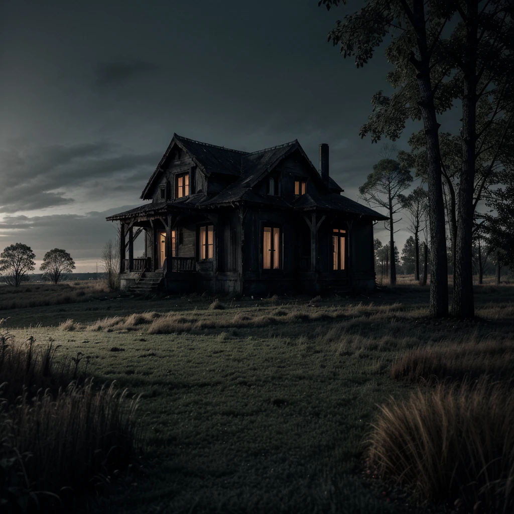 Visualize a scary scenery that shows a dark abandoned house in the midde of dark forest at night time (grey, black, shadow, woods, eriee tree, dump, spider web, high grass)