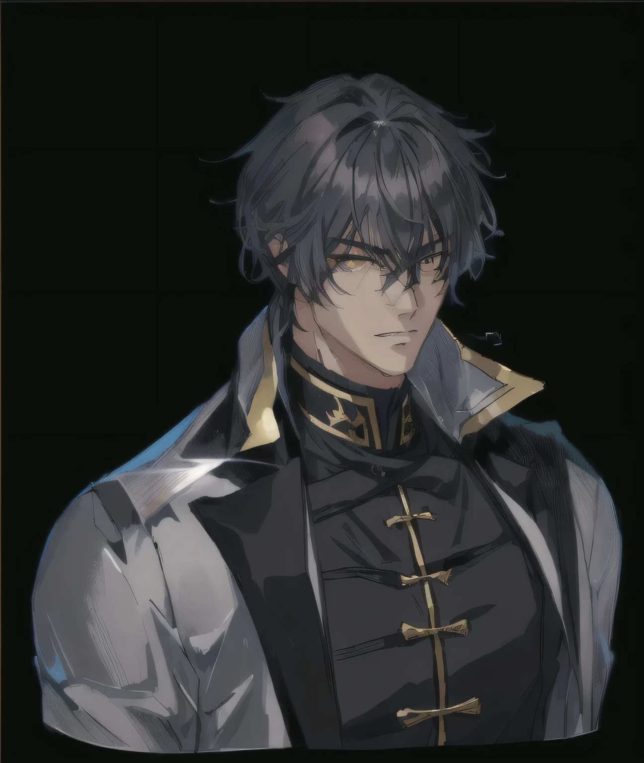 man with dark silver medium hair, tousled hair, In a black jacket, eye behind bangs, black cloak, Anime handsome, looks tired, serious, handsome guy in demon slayer art, Tall anime guy with golden eyes, male anime character, inspired by Okumura Masanobu, anime portrait of handsome man, handsome man,Silver medium hair, male anime style, like an anime character