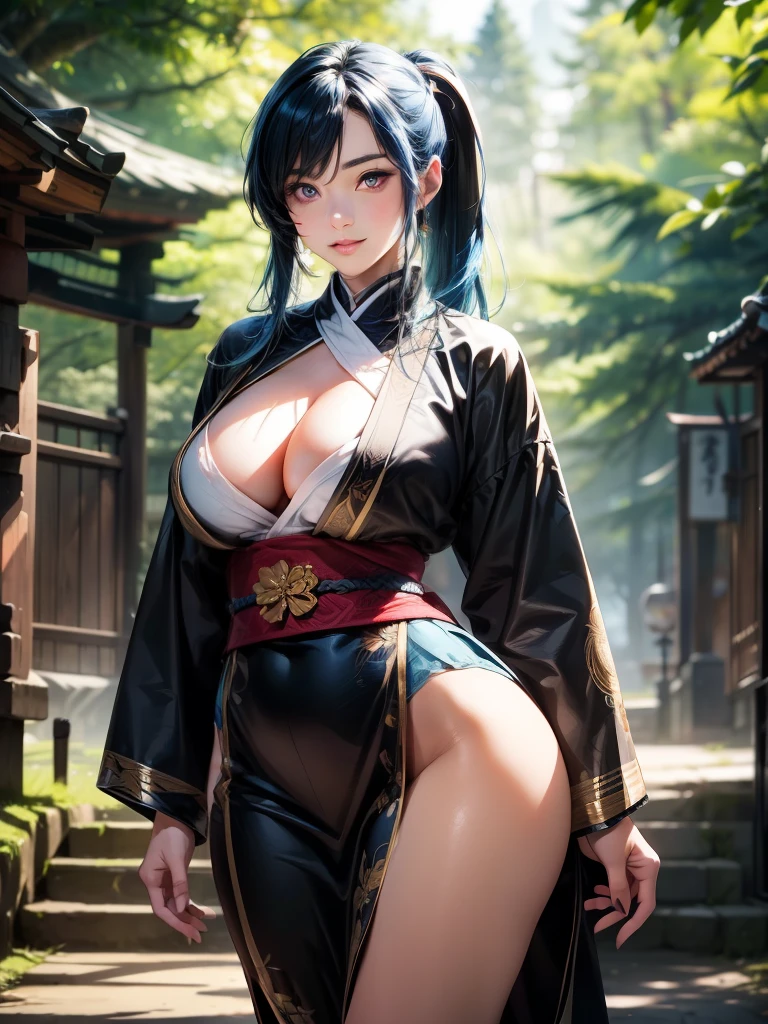 {{{masterpiece}}}, {{{best quality}}}, {{ultra-detailed}}, {cinematic lighting}, {illustration}, {beautifuly detailed eyes}, {1girl}, extremely detailed, 1girl, solo,  A full-body picture of a beautiful ninja warrior, blue hair in two long ponytails, wearing gold and blue, warrior, playful smile, purple eyes, large breasts, cleavage, hourglass figure, outdoors, woodland background, highly detailed face and clothing, slightly narrow eyes, perfect face, fair skin, hair bangs, long hair, cowboy shot, noble beautiful, traditional Japanese clothing, shinobi woman, I can see her entire body