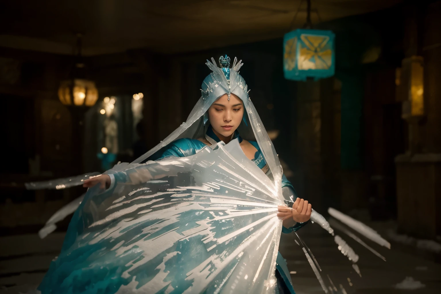 (Best quality, 8k, 32k, Masterpiece, UHD:1.2) Transform the image into the majestic Kingdom of the Northern Water Tribe from Avatar: The Last Airbender. Envision a sprawling city made of ice and snow, with towering palaces and intricate ice sculptures adorning the streets. Glowing lanterns cast a soft light over the frozen landscape, while the sound of flowing water echoes through the city's canals. In the center of it all stands the magnificent Northern Water Tribe palace, its shimmering spires reaching towards the sky. Beneath the icy surface, powerful waterbenders practice their craft, bending water into intricate patterns and shapes. The air is filled with a sense of magic and wonder, as visitors from across the world marvel at the beauty and power of the Water Tribe's home. ((water)) ((ice))