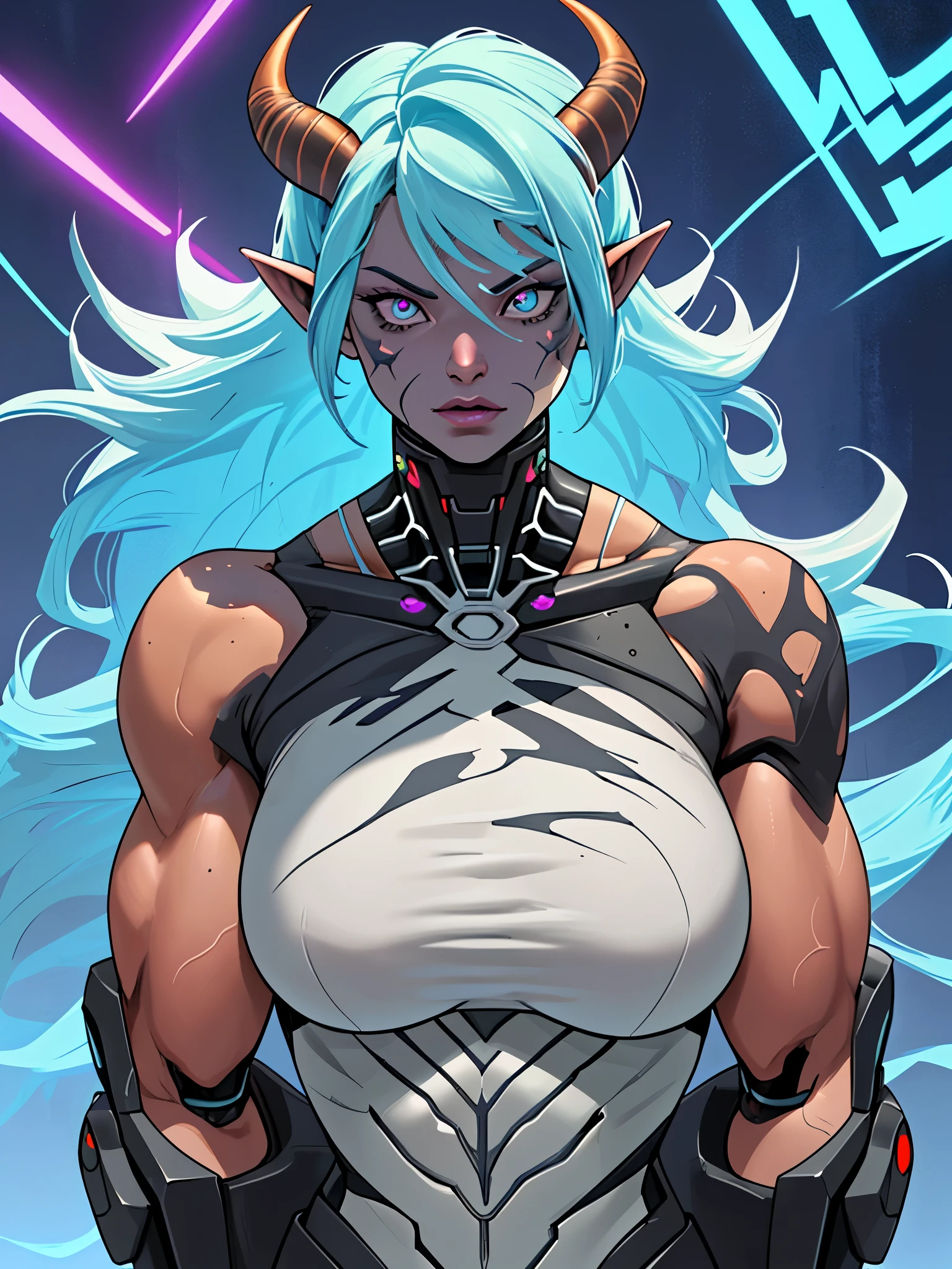 Zephyra-37's female gender was created from the human genome and has been heavily modified, has horns covered with skin similar to those of tiefling, has four skin colors that can change from green, red, orange and blue, has pupils like goat skin, can change from copper to smooth and rough ears  long and pointed, and her hair changes color to match the skin color all over her body, she can generate tattoos with various patterns as she desires, her iris changes color to an analog color to the skin and glows, her nails also glow, on her neck she has something that resembles a LED panel that lights up

 If Ava is a biological-mechanical hybrid, her body could be constructed from a combination of natural muscle tissue and cybernetic enhancements.  I can't give an exact percentage, but we can imagine that key components of her strength come from the muscles that are supported or strengthened by the mechanical implants.

 In such a configuration, Ava could achieve significant increases in muscle mass and strength by combining natural genetics with highly advanced technology that would enable her to do so.  In this way, her body could tell the story of the limits of human potential as they are expanded by cybernetics.

 Inside, Ava's natural muscles can be interwoven with thin fibers of nanomaterials that act as splints to support and strengthen the muscle structures without adding bulk.  These fibers could also monitor muscle health and deliver drugs or nutrients directly to the tissue when needed.

 sports tracksuit, cyborg, steroids, connection between the skin, cracked skin like cracked school, wet body, latex top, swelling muscles, eyes shadows, female, anime, bulgy muscle, v taper