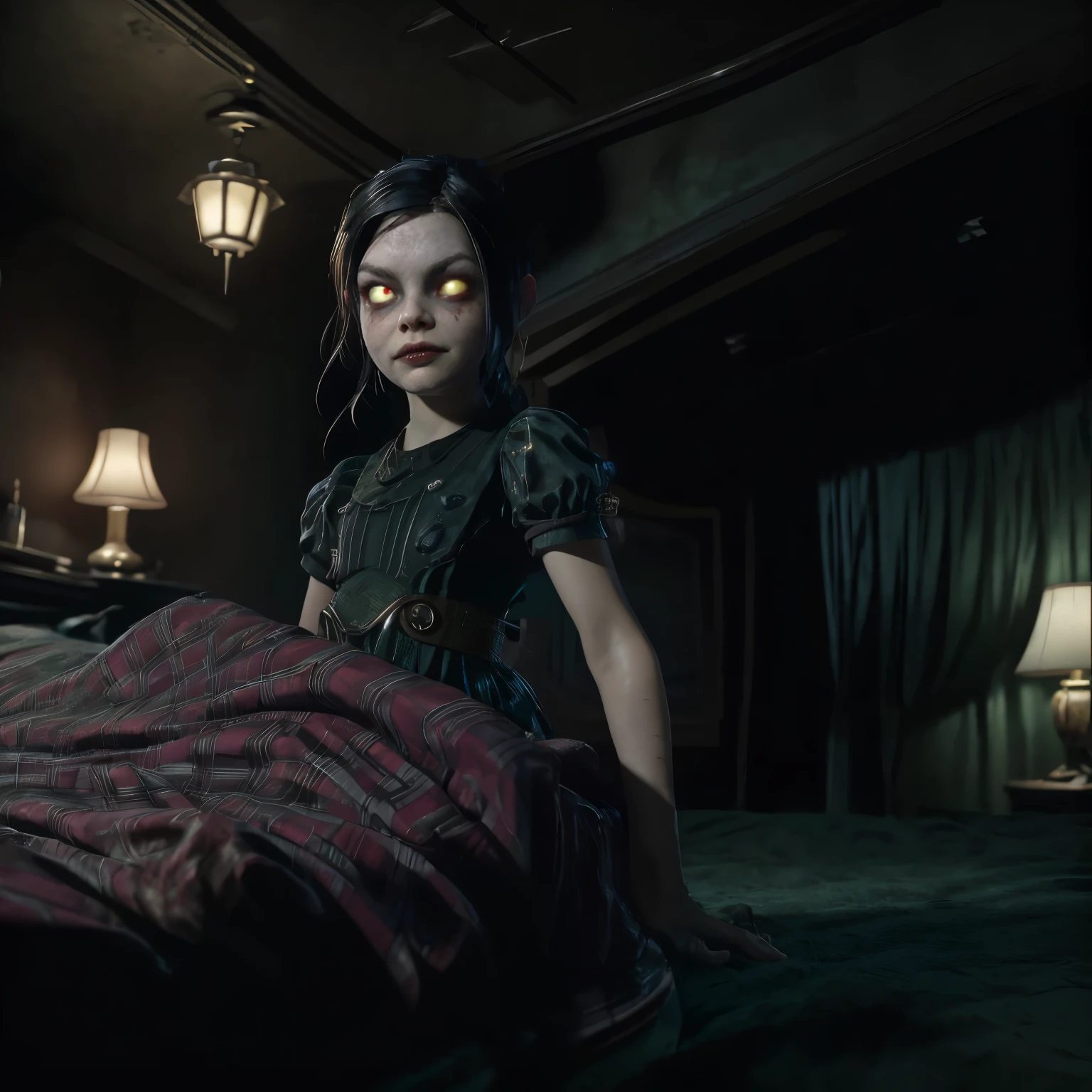 masterpiece, highres, an image of a beautiful cyberpunk  Mila Kunis fairy goth, green eyes, black hair best quality, 8k, best quality, ultra-detailed,2girl, 8 years old, 2girl, lilsis, dirty, blood, pajamas dress, black hair, dress, horror \(theme\), glowing eyes, creepycute, (bedroom:1.4)