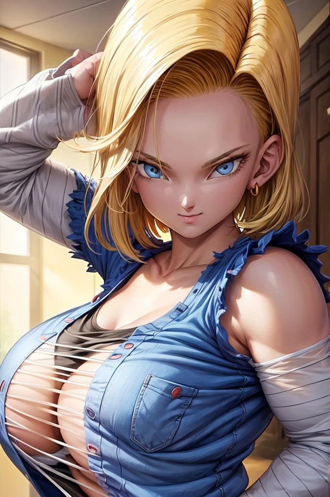 Android 18, ( upper body closeup shot ), ( Bokeh effect ), very seductive, seductive pose, smiling, cute, very cute, ultra high definition, masterpiece, ultra high quality, ultra detailing, 8k, topless, wet in rain,(huge tits), cleavage , perfect body