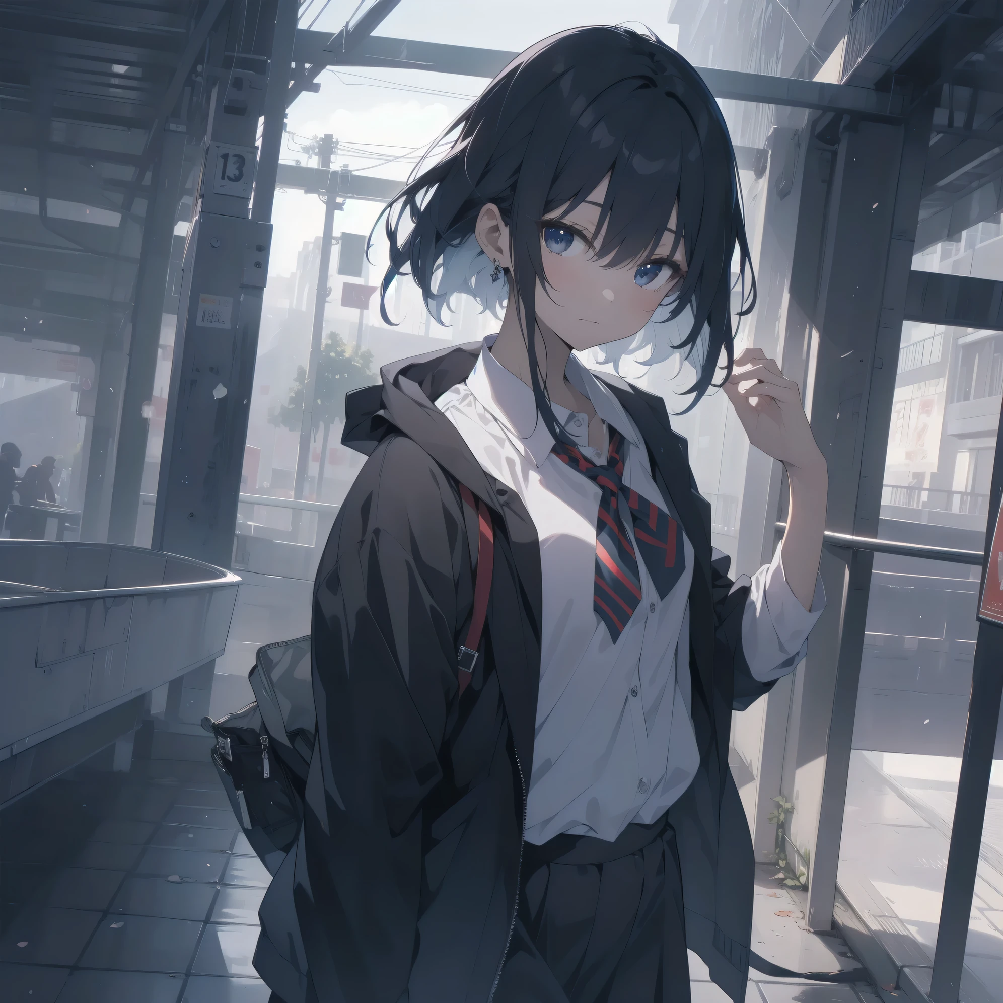 ultra-absurdres-Top quality by artist God, ultra-detailed, high resolution, anime moe artstyle, best anime 8k konachan wallpaper, pixiv contest winner, pool:2810, perfect anatomy,break, 1girl, (Please draw a girl walking sleepily to school alone. )break,(Solo,little female, 13-year-old:1.3),Full limbs, complete fingers,a junior high school student, (very short hair), short cut, flat chest, , small butt, small black eyes, beautiful detailed eyes, well-proportioned iris and pupils, expressive eyes, highres detailed hair, soft expression, school_uniform, bowtie, salor shirt. pleated skirt,(Detailed Lighting), (Detailed background), in the School commute route. break,super detailed skin, Best cinematic lighting powered by famous artist, 8k,beauty illustration,photoshop_(medium),very aesthetic,break,((artist:sirabi )), artist:bolze ,artist:oyari ashito ,artist:kantoku ,