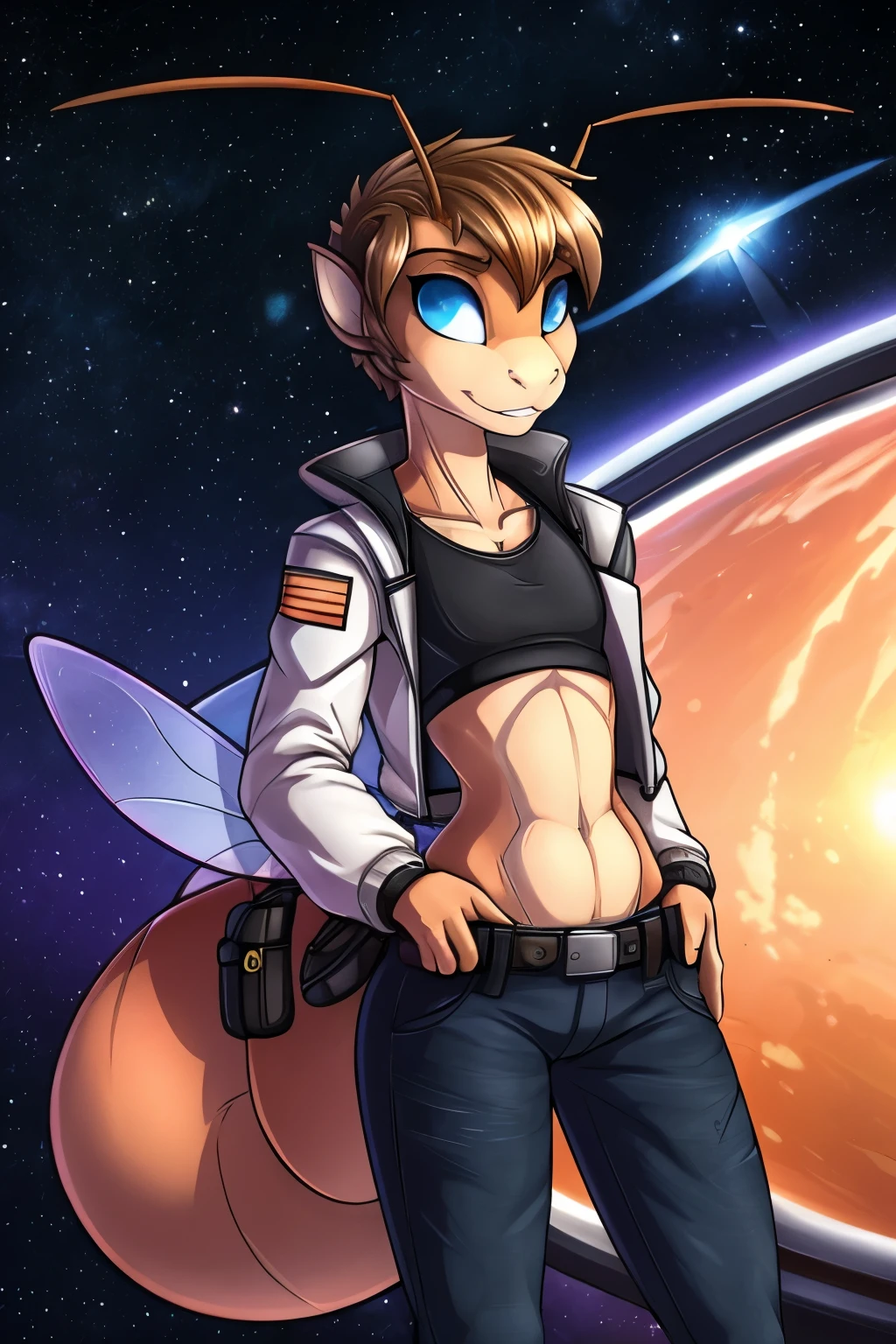 (Cute anthro Ant), Tomboy, pretty face, space station background, thin body, slim, fit, very short hair, dark blonde hair, brushed back hair, blue eyes, flat chested, anthro, insect, (2 Ant Antenna), bug wings, adjatha, utility belt, cropped jacket, black tanktop, jean pants, SFW