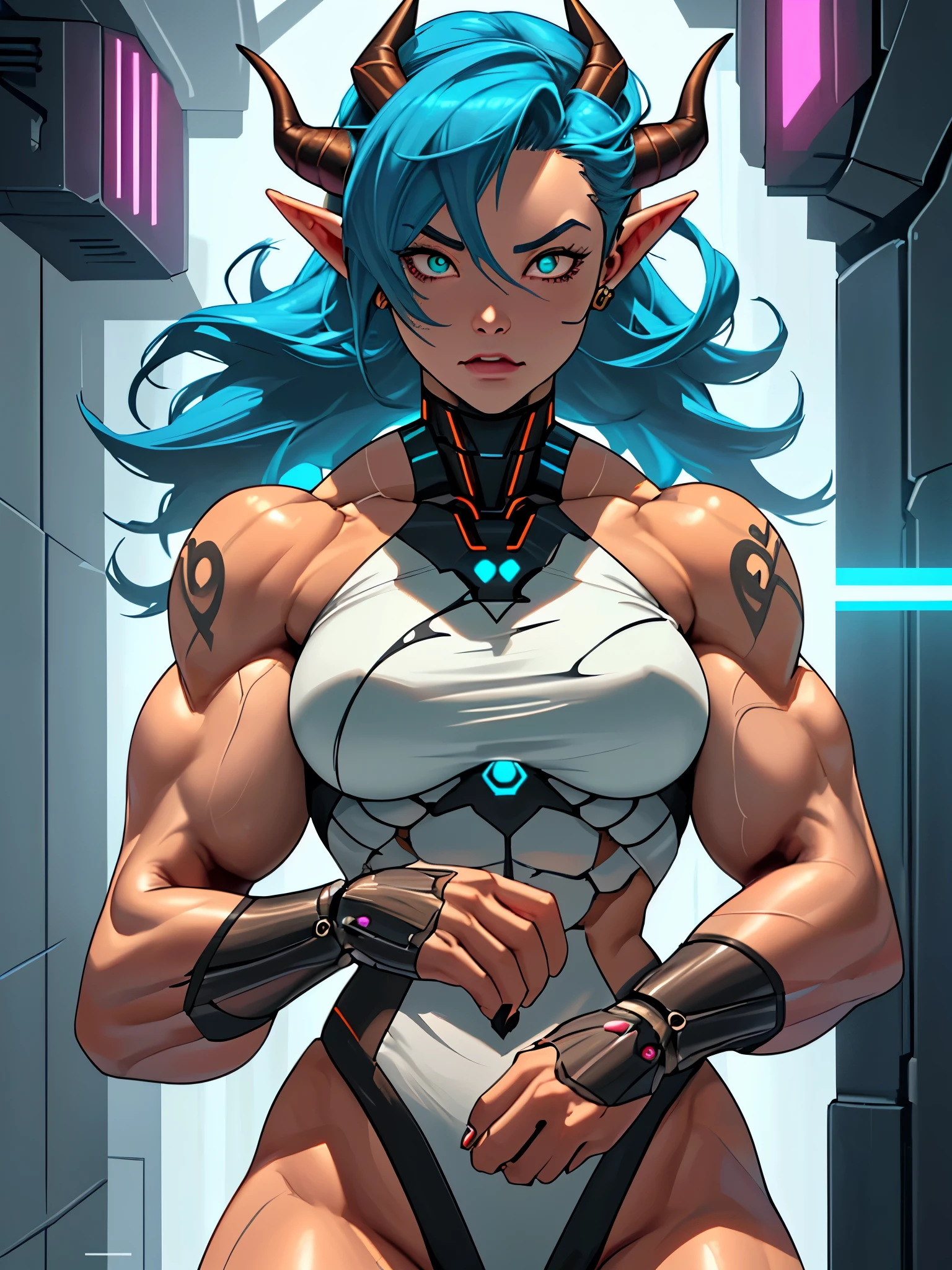 Blue alien, super strong muscular, busty, huge breasts, strong biceps, strong abs, bursting in strength, large hips, alien face, horns, elf ears, blue skin