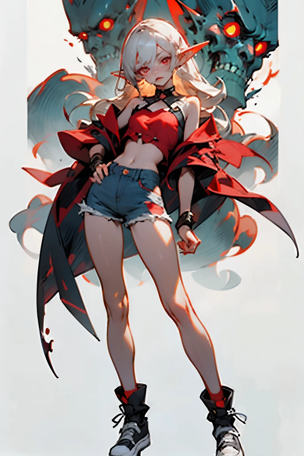 view straight standing in full growth of a young beautiful elf vampire long ash hair red eyes serious facial expression dark open top on the chest denim shorts on the legs Czech shoes cutout on the chest open breasts of the second size short legs in excellent quality