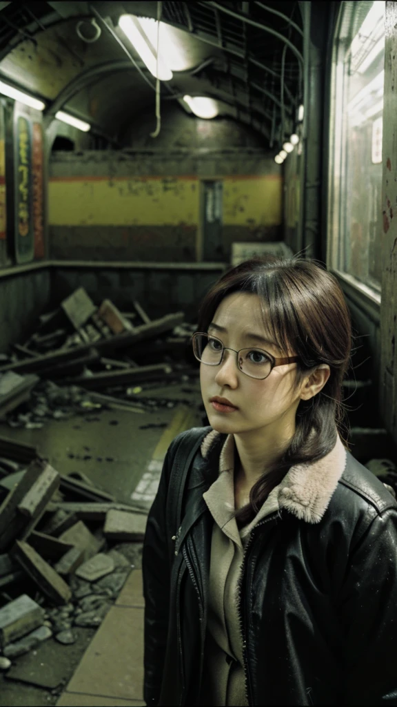 subway,Showa,Collapse,Devastation,Inside the ruins,Glasses,Women,adventure,Black and White,