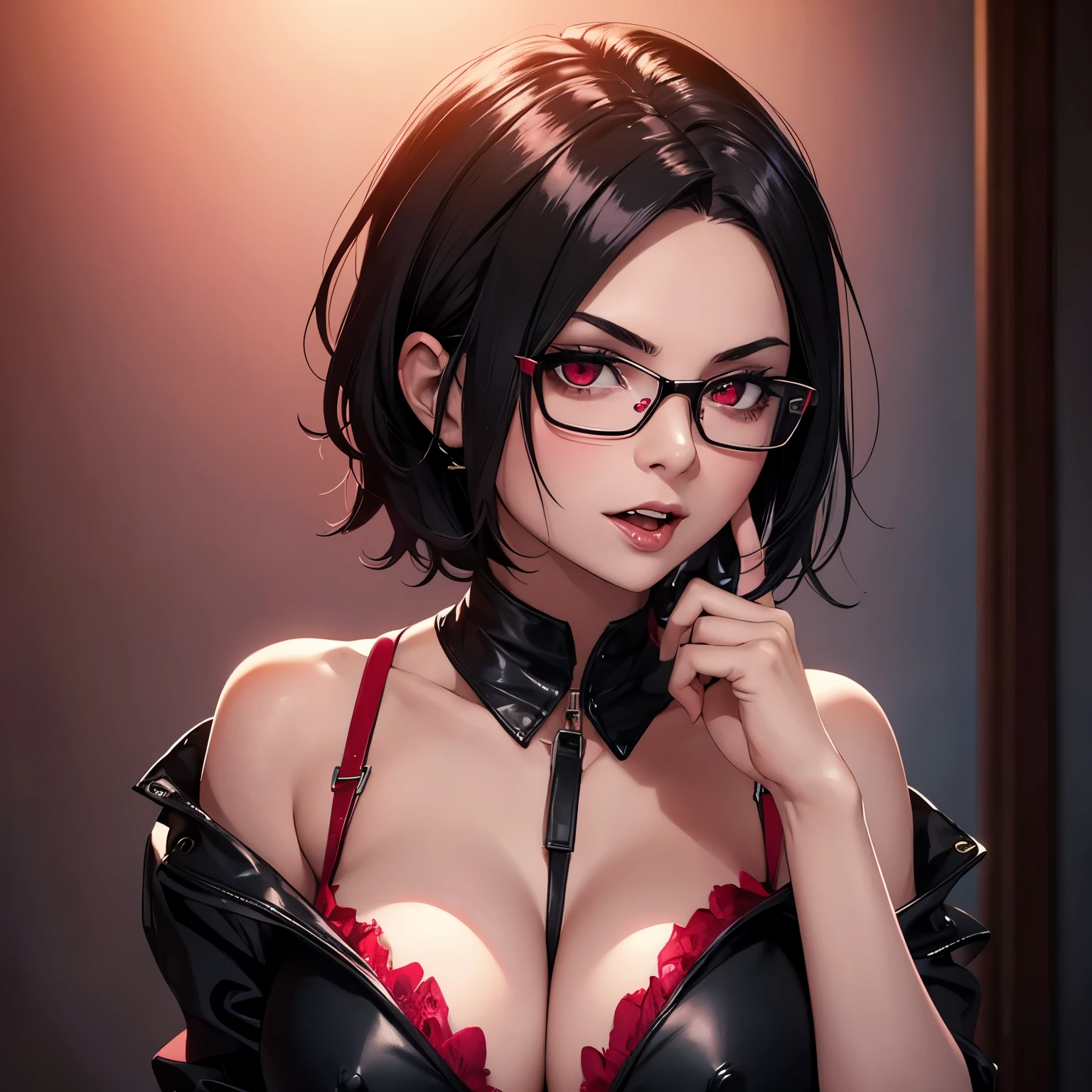 Young Female, Vampire, Black Hair, Short Hair, Red Eyes, Glasses, Sexy Female Vampire with naked body and busty  with seductive behavior and pink nipples, high-res portrait, Vibrant Colors, soft lighting, Mischievous, Confident Expression, Vampire Fangs, 3D, Realistic, HDR, Very Detailed, HD, Background, Masterpiece