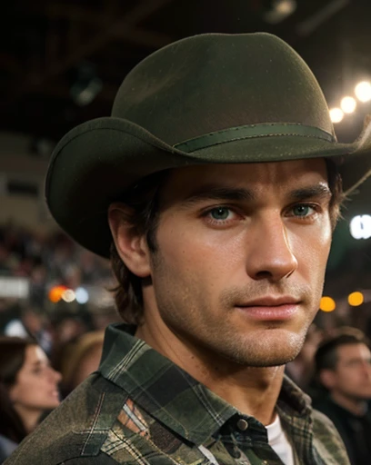 handsome 35 year old desirable caucasian man with distinguished features, ((standing front row at rock concert)), light brown medium length hair, clean haircut, clean shaven face, ((no facial hair)), ((intriguing green eyes)), (cheering in a crowded arena), athletic build, tall height, (plaid shirt), stetson cowboy hat, detailed depiction of facial features, perfectly symmetrical face, crisp details, ultra-fine rendering, indoor lighting highlighting his excellent features,