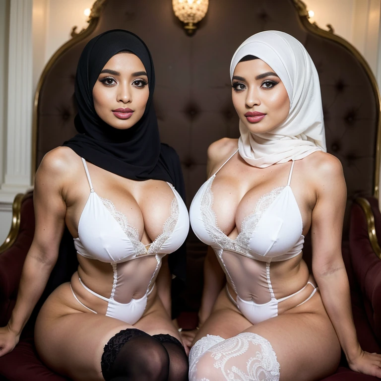 In a regal setting, two sensual hourglass figure hijabi Muslim ladies sit side by side on a magnificent throne, radiating elegance and confidence. They share the same height and body proportions, creating a visually stunning image of unity and strength.
Both ladies wear white lace hijabs, beautifully wrapped around their heads, framing their faces and accentuating their natural beauty. The delicate lace adds a touch of femininity and sophistication to their overall look.
Complementing their hijabs, both ladies wear white stockings white micro bikini that add a subtle hint of allure to their ensemble. The stockings enhance their elegant and poised posture, further highlighting their hourglass figures.
Their makeup is flawlessly applied, with striking red lips, voluminous mascara, captivating eye shadow, precise eyeliner, and luxurious lashes. These elements enhance their already mesmerizing features, drawing attention to their expressive eyes.
As they sit close to each other on the throne, they exude a sense of unity and sisterhood. Their presence showcases the beauty and strength of hijabi Muslim women, empowering others to embrace their identities and celebrate their unique beauty.
she is looking at viewer, skin texture, ultra high res, RAW, instagram LUT, masterpiece, best quality, ultra-detailed, ultra high resolution, RAW, 4k, (looking at viewer), extremely detailed eyes and face, ((beautiful detailed nose)), ((beautiful detailed thigh)), ((beautiful detailed eyes)), perfect body proportion, (looking at the camera), seductive face, cheerful, happy, (red thighhighs) (hijab) (SFW:1.5), five fingers, detailed fingers, white micro bikini