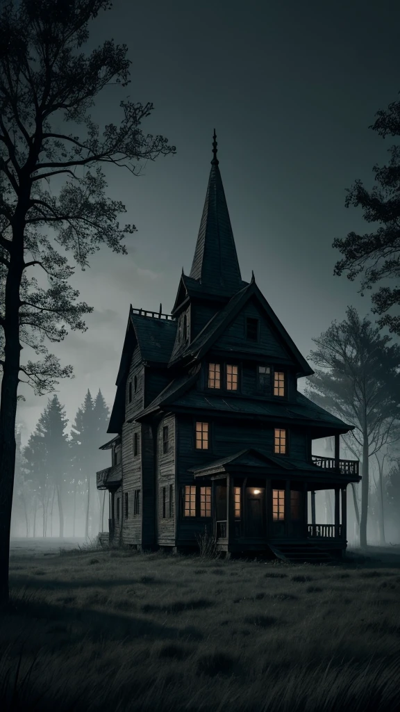 Visualize a scary scenery that shows a dark abandoned house in the midde of dark forest at night time (grey, black, shadow, woods, eriee tree, dump, spider web, high grass)