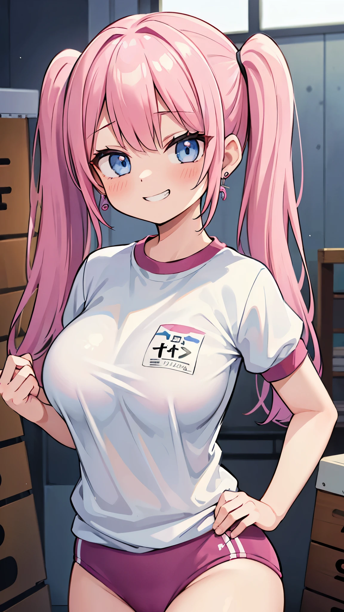 (masterpiece、highest quality、Super detailed)、((One girl))、((Pink Hair))、((Twin tails))、((Light blue eyes))、evil smile、((Grin))、Earrings、((Very large breasts))、((gym uniform))、Cowboy Shot、Gym storeroom