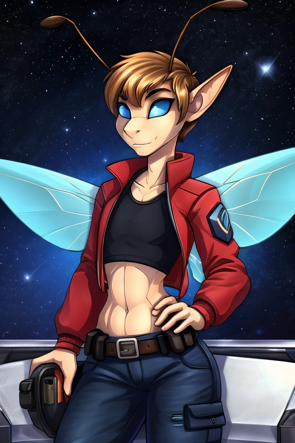 (Cute anthro Ant), Tomboy, elf, pretty face, space station background, thin body, slim, fit, very short hair, dark blonde hair, brushed back hair, blue eyes, flat chested, anthro, insect, (2 Ant Antenna), bug wings, adjatha, utility belt, cropped jacket, black tanktop, jean pants, SFW