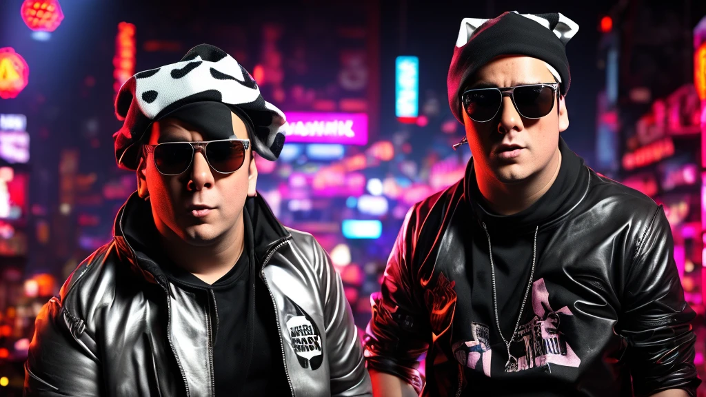 A stand-up comedian who is not popular with women, a pig-man, short, fat, wearing sunglasses, wearing a monochrome bandana, cyberpunk 