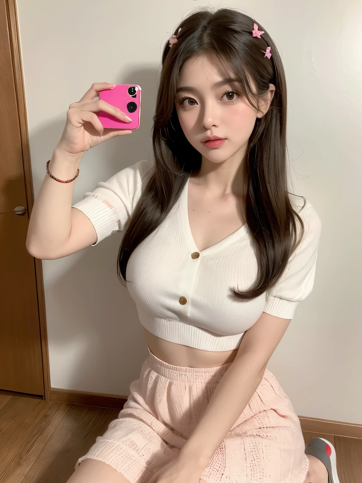Kim Jennie with white brown hair, con rulos en las puntas, with two bows on each side of the hair, all her hair white brown, with a star clip in her white brown hair, ojos de color claro, ojos bonitos, ojos llorosos, nariz bonita y respingada, nariz lloroso, labios bonitos, labios rosas, heart and cupid shaped lip, piel bonita, pale, piel blanca, con lunares y pecas en todo el rostro, rubor rosa suave en las mejilla, rubor rosa natural, maquillaje suave y rosa, jennie, cuello bonito, cuello marcado, frown, mirada tierna, con un collar de beso, un collar bonito de beso, parecido a Yumeko Jabami, mientras lleva puesto un Crochet YK2, de lana, with a YK2 style brown mini skirt, mientras tiene el abdomen desnudo, delgado, marcado y bonito, (pechos grandes, pechos suaves, pechos bonitos), mientras esta haciendo cospaly del personaje Yumeko Jabami, del anime Kakegurui, mirando a la camara, autofoto, selfie bonita