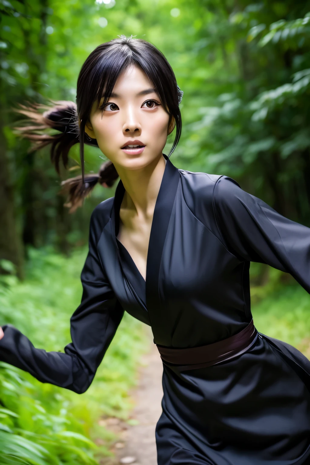 skinny Japanese woman in black Ninja kimono costume running to escape in the dark forest, beautiful face, ((detailed face, detailed eyes)), high quality, high resolution, hyperrealistic photo, a photo capturing a fighting moment, award-winning, masterpiece