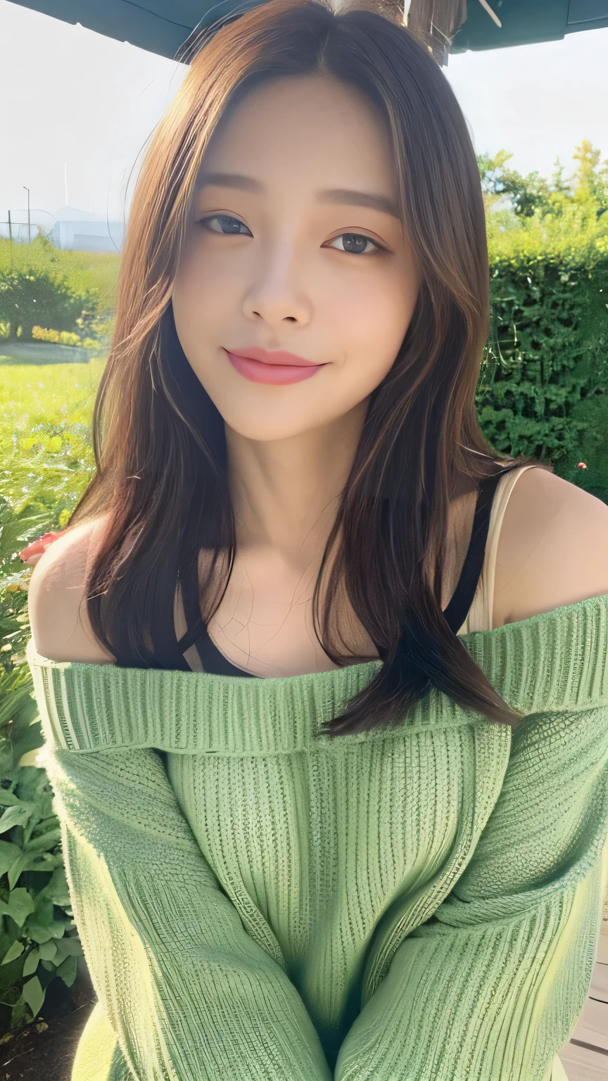 ((highest quality, 8K, masterpiece:1.3)), concentrated:1.2, Perfect body beauty:1.4, Hips:1.2, ((Delicate Hair)), (Colorful Solid Cold Shoulder Oversized Sweater、 :1.1) , ((highest quality、8K、masterpiece:1.3))、1 Girl、A sloppy smile、Esbian all over、Slim face、Big 、Beautiful woman、(Dark Brown Hair)、、1.1、Flickering Valley、Detailed eyes、double eyelid、Blurred Background、超Slim face、Looking down、garden、