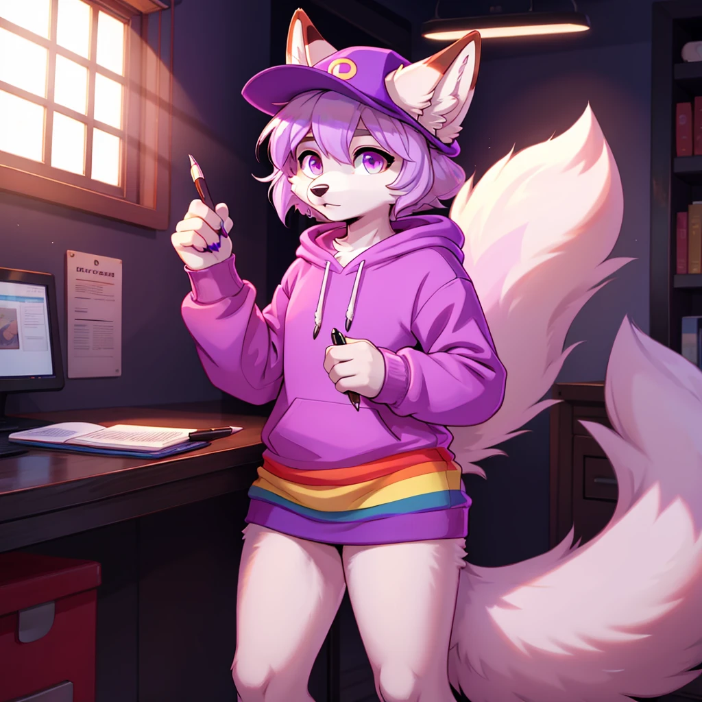  Purple FLUFFY Fox, Bright rainbow eyes, light purple sweatshirt, fluffy tail, Short hair, with a hat, holding a pen