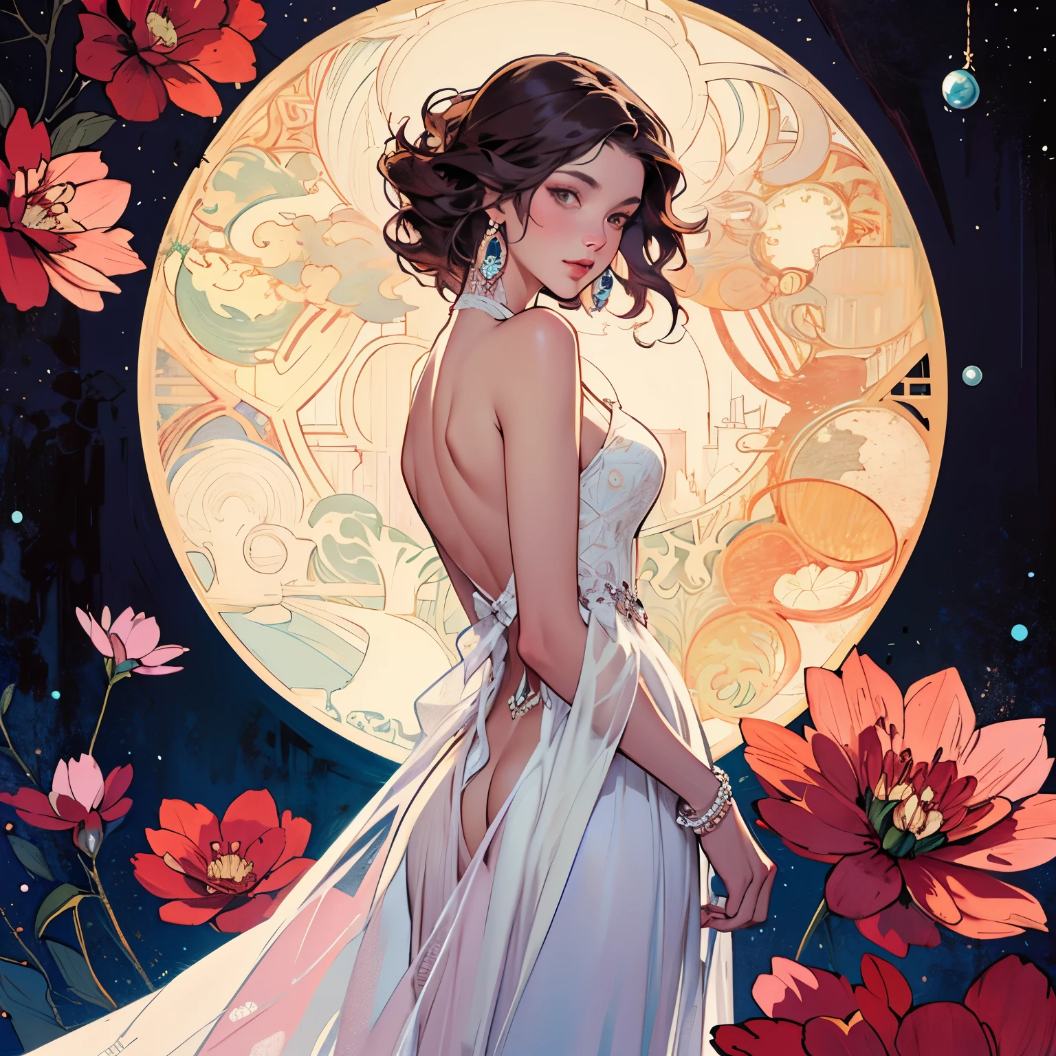 1girl,mucha art style,graphic illustration style,headwear,jewelry,pearls and jewels,d background,longuette,(woman's) dress,backless dress,
