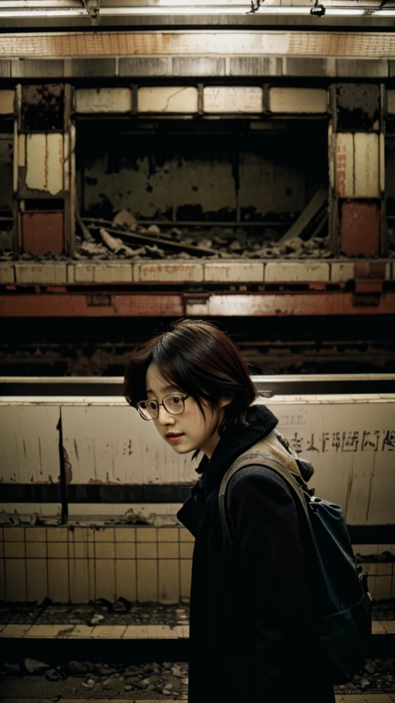 subway,Showa,Collapse,Devastation,Inside the ruins,Glasses,Women,adventure,Black and White,