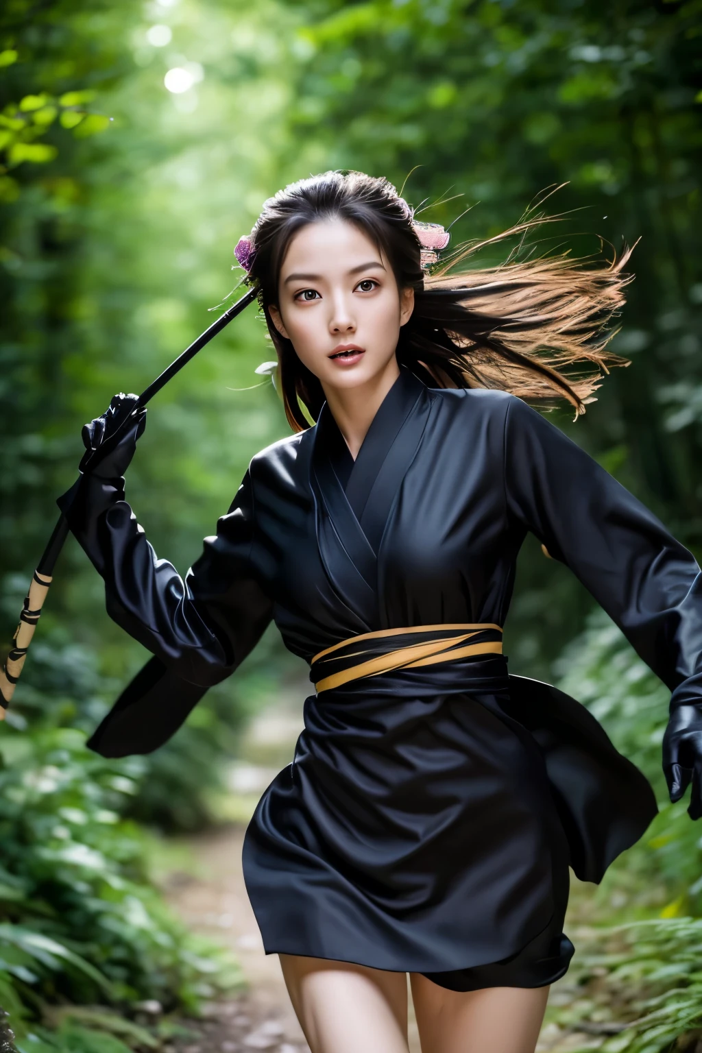 skinny Japanese woman in black Ninja kimono costume running to escape in the dark forest, beautiful face, ((detailed face, detailed eyes)), hyperrealistic photo, award-winning, masterpiece, trending on artstation