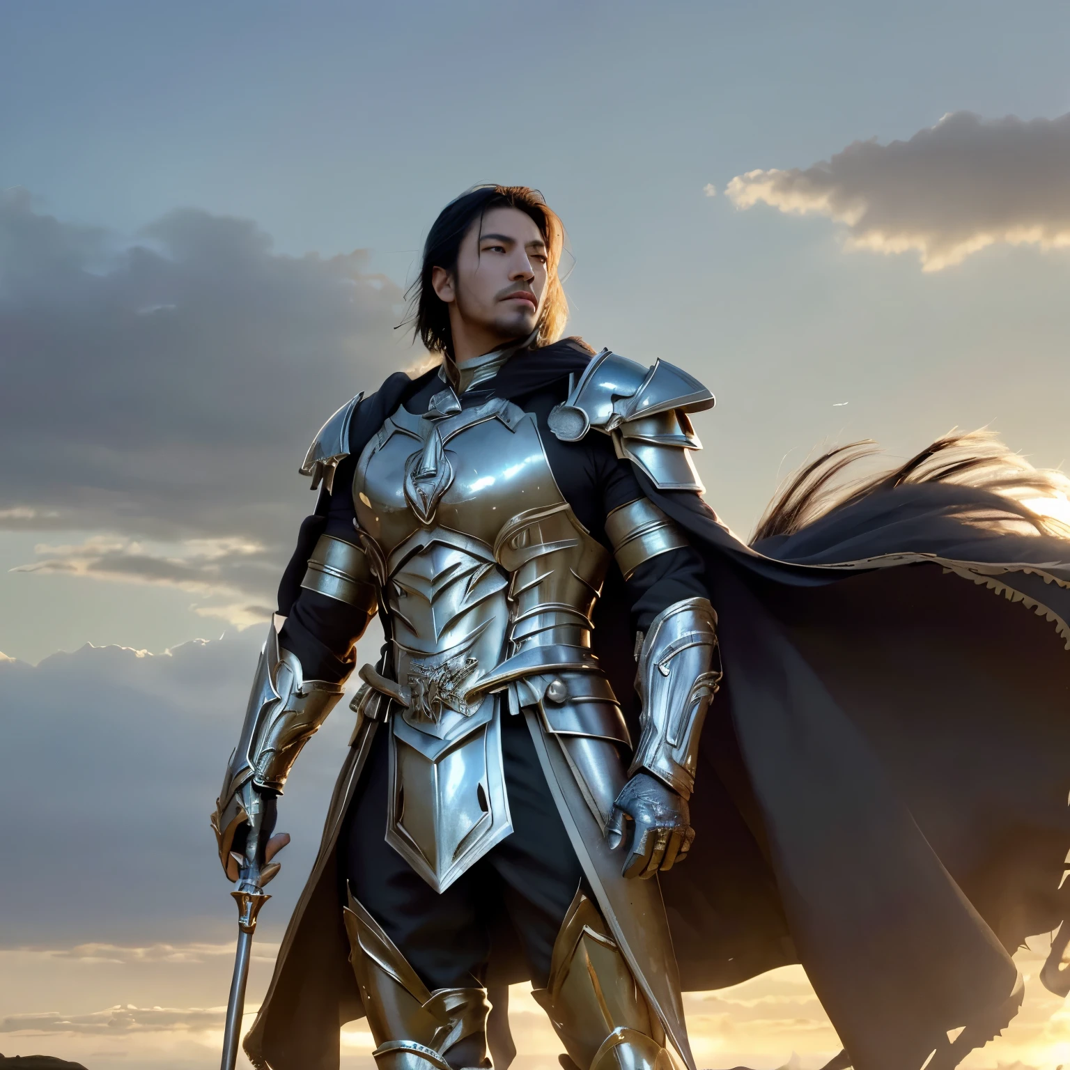 In an open, overcast field, a warrior clad in metallic armor, which fully enshrouded his robust physique, gripped a towering spear. His steely gaze scanned the horizon, bracing himself against the impending assault of countless adversaries. Despite the ominous clouds looming overhead and the ominous rumble of approaching footsteps, his facial expression remained unwaveringly resolute, radiating an aura of indomitable spirit. The delicate play of sunlight and shadow across his armor, captured in exquisite detail, only served to heighten the sense of anticipation and tension, as if to illuminate the stark contrast between life and death.
[Image Prom