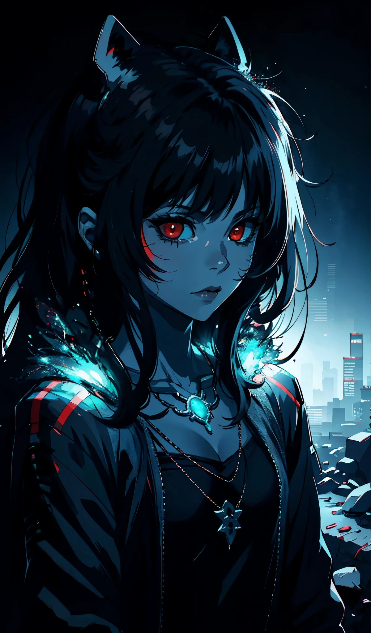 Goth girl 1girl, solo, long hair, looking at viewer, red eyes, jewelry, necklace, makeup, lipstick, black background, portrait, glowing eyes, by vergvoktre, dramatic fluorescent , gritty, intense, distorted face, nightmare fluorescent, intricate details, hyperdetailed, cinematic, dark shot, film grainy, soothing tones, muted colors, technicolor BREAK outdoors, twilight, raytracing BREAK d4rk4rt artstyle, monochrome fluorescent, greyscale, avant-garde style