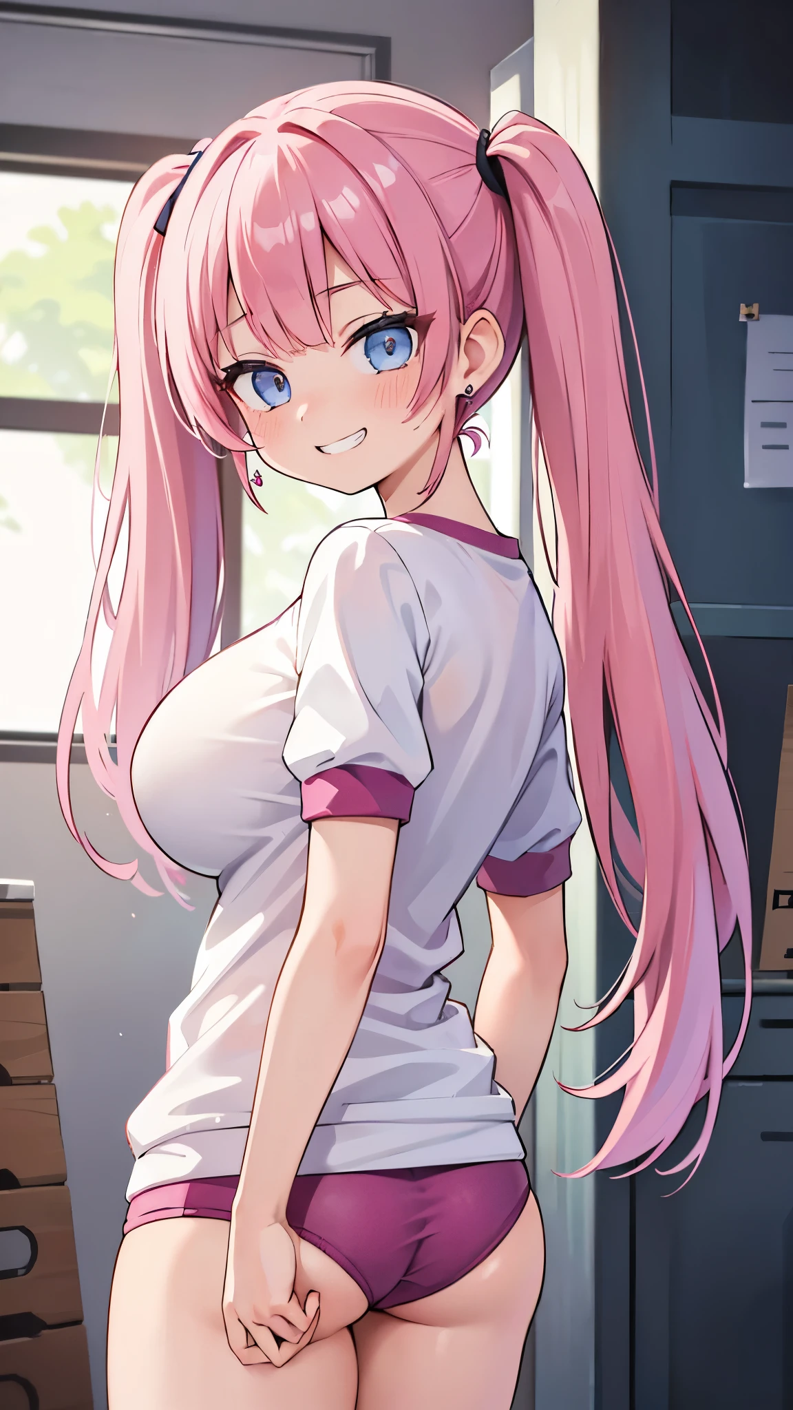 (masterpiece、highest quality、Super detailed)、((One girl))、((Pink Hair))、((Twin tails))、((Light blue eyes))、evil smile、((Grin))、Earrings、((Very large breasts))、((gym uniform))、turn around、Shoot from behind、Cowboy Shot、Gym storeroom