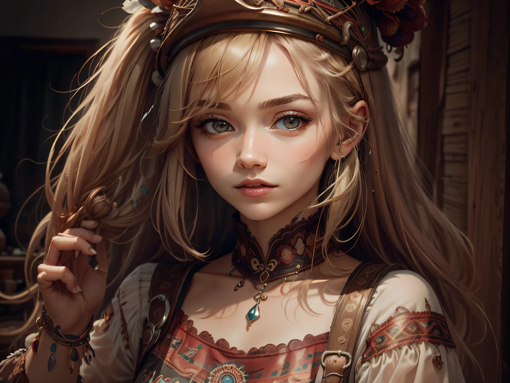 plano entero:1.4, motor irreal:1.4, CG K ultra realista, fotorrealista:1.4, textura de la piel:1.4, obra maestra:1.4,Hermosa mujer con sombrero estilo Hippie, camioneta Hippie bohemia:1.7,de pelo ancho、Ropa Hippie varios colores, 32K.