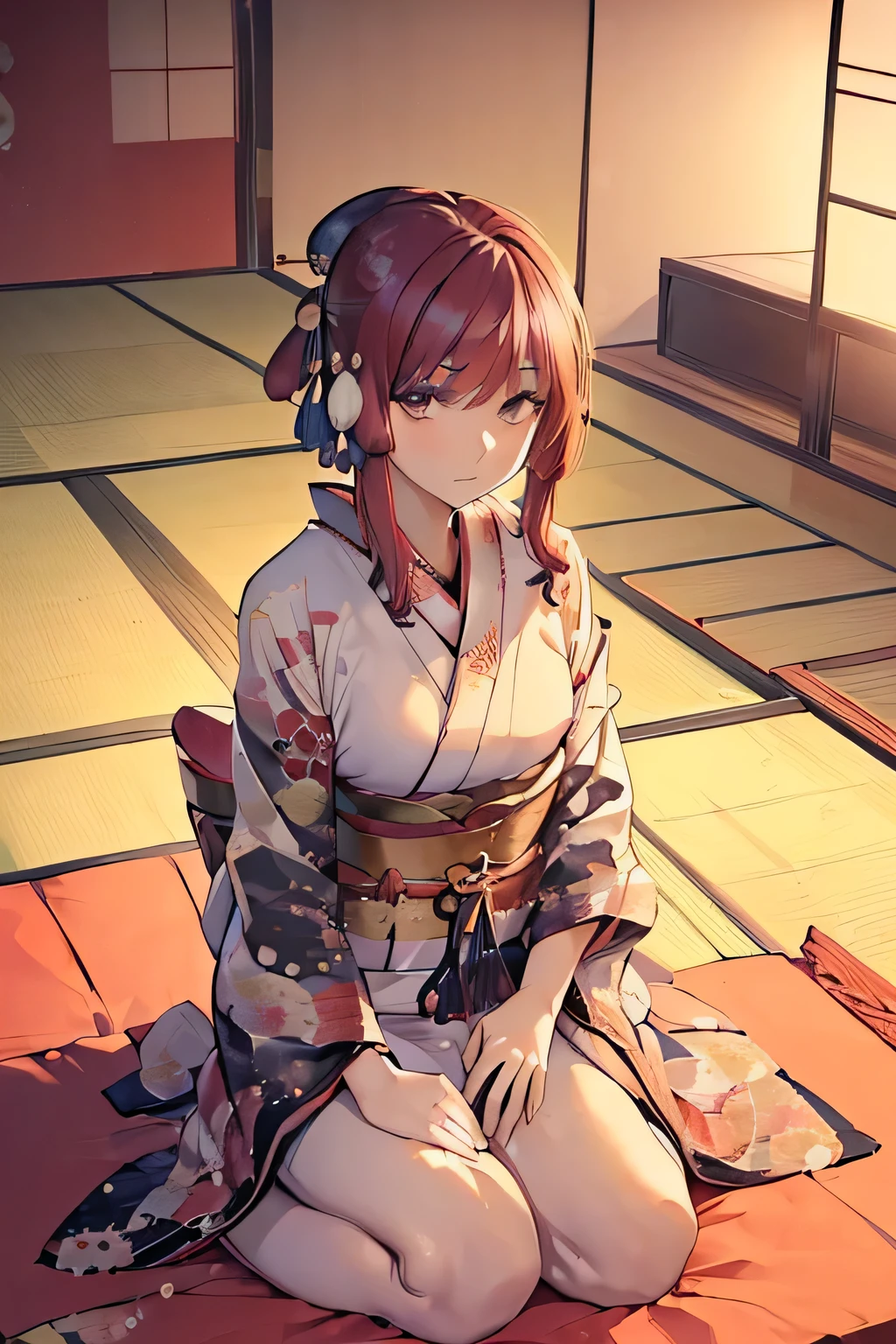 (((sit on a futon in a Japanese-style room:1.3))),(((Gorgeous courtesan kimono:1.7))),(Beautiful mature woman dressed as an aristocrat&#39;s courtesan),(((A flashy and extravagant courtesan&#39;s costume:1.3))),(Glamorous Jar),(Gorgeous floral hair ornament),Gorgeous floral braided top knot,(Very delicate and beautiful hair,),(((Accentuate larger breasts:1.3))),Cute round face,Detailed clothing features,Detailed hair features,Detailed facial features,Looking at the camera,(Dynamic Angle),(Dynamic and sexy pose),Cinematic Light,(Ultra-high resolution output images,Written boundary depth,Intricate details,Light and shadow contrast、The subject appears three-dimensional,) ,Single-lens reflex camera, (Realistic:1.3),(8K quality,Anatomically correct facial structure,),(SeaArt 2 Mode:1.3),(Picture Mode Ultra HD,)