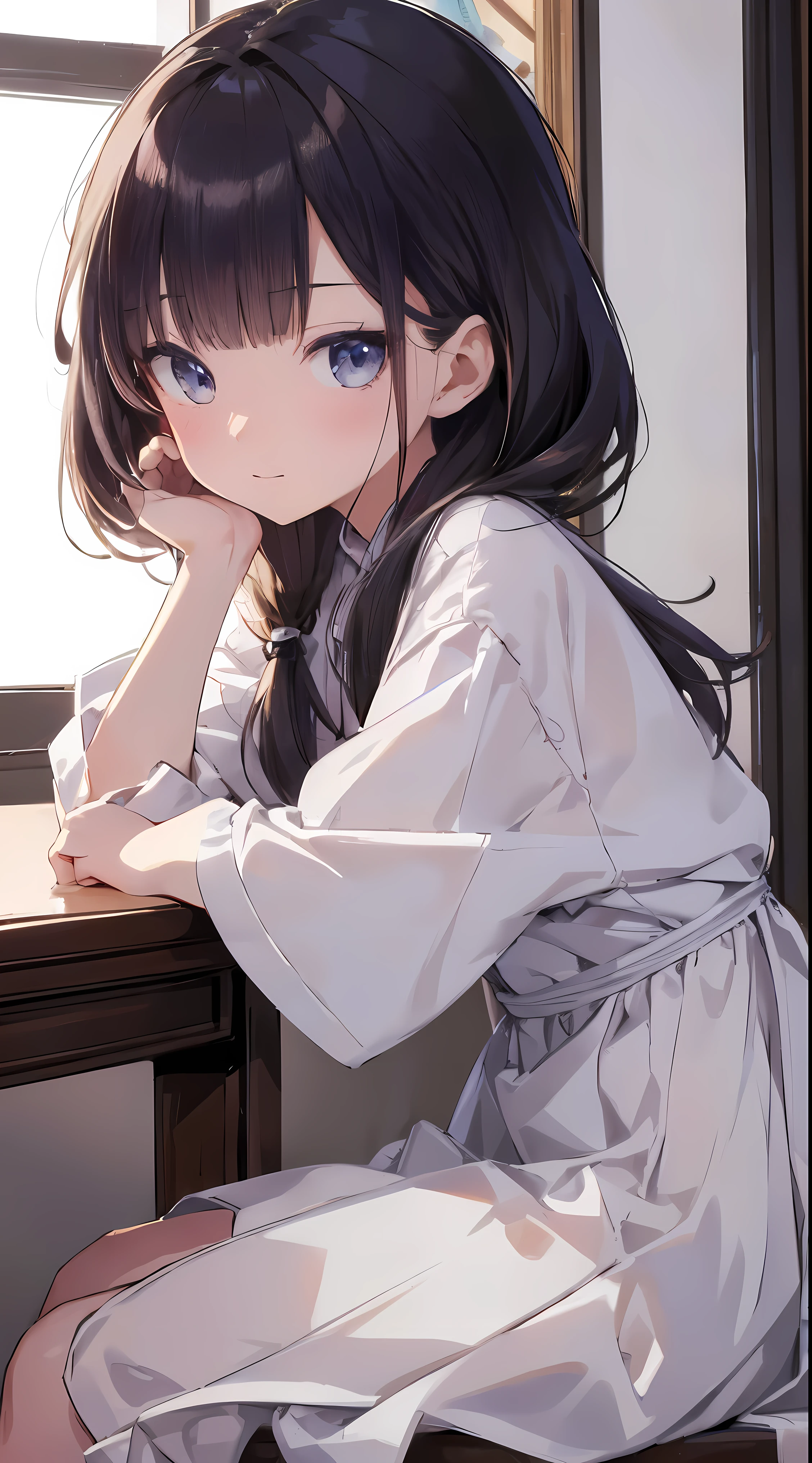 Masterpiece、Highest quality、highest quality、(((Lori)))、 ((((Petite))))、Shiny hair quality、Small face、Sitting、Super detailed, beautiful, wide eyes、Ultra-detailed, clear and beautiful faces、(cute illustration:1.2), High-resolution, ultra-detailed, best quality, embarrassed