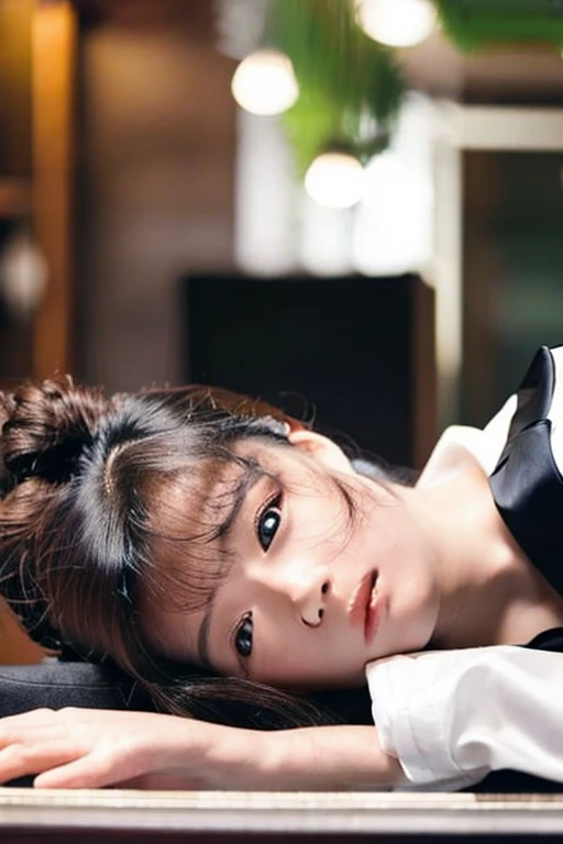Girl with short ponytail wearing formal suit lying on restaurant table, Clear Eyes, Perfect body, (Looking down at the viewer:0.8), (Purelos Face_v1:0.2), Removable sleeves, Open your mouth, bangs, One girl, Shiny skin, (masterpiece;1.0), (Realistic:1.4), (Sharp focus:1.2),