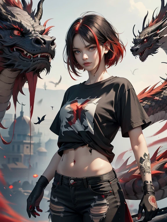 a goth girl, (red eyes:1.1, sparkling pupils), (highlighted hair, black hair, red hair, short messy hair, hair color:1.4), ((wearing silk t-shirt, tearing, torn:1.3) ), ((pants ripping, torn:1.3)), black lipstick, shadow, body covered in tattoos, beautiful girl, (((big dragon in the background, high details))), (realistic:1.2), movement lines, photorealistic:1.37, sinister background:1.1, particles in the air, ((artwork:1.37)), ((high quality, 8k, Ultra HD)), 8k wallpaper