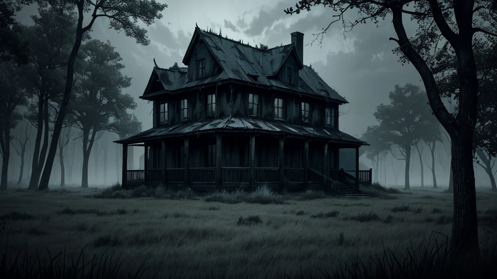 Visualize a scary scenery that shows a dark abandoned house in the midde of dark forest at night time (grey, black, shadow, woods, eriee tree, dump, spider web, high grass), no light from house