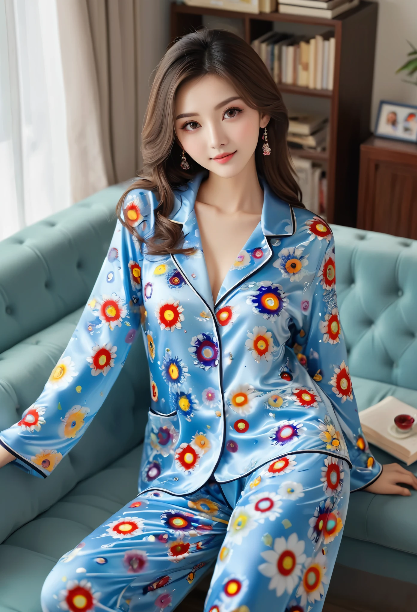 Thousand Flower Glass Style,Wear sexy pajamas, Graceful figure, flirtatious, study room, sofa, Random and charming movements, Facing the camera, full of imagination, First Love