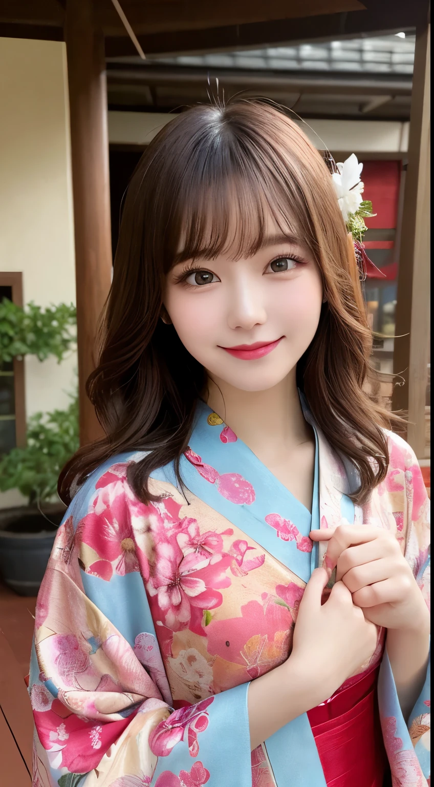 Tabletop, highest quality, figure, Very detailed, In detail, High resolution, 8k wallpaper, Perfect dynamic composition, Beautiful fine details, kimono,Medium Hair, Center of ?????, Natural color lip, Random ???? poses,smile,shrine，Flower Hair Ornaments，cute，smile，looking at the camera，