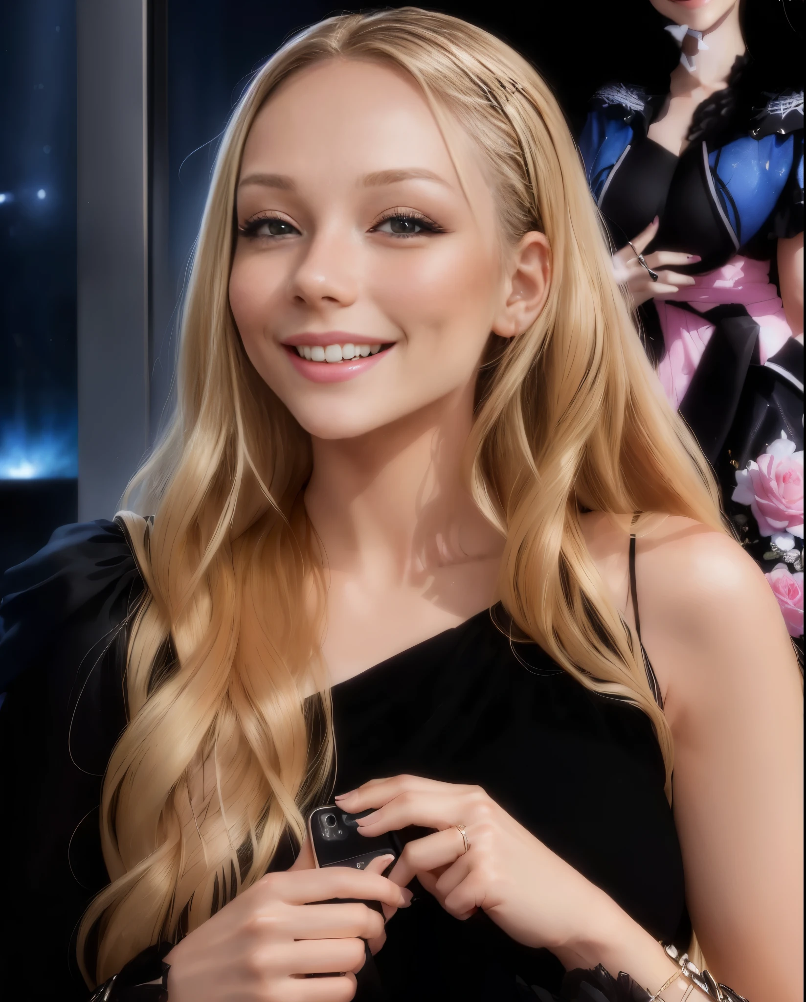 eine Frau, blonde woman with long hair and black dress holding a mobile phone, Ester Exposito, ((Happy, smiling):1.3), In der Show Westworld, Lindsey-Look, Devon Cady Lee, Elizabeth Olsen, ((oversaturated)), Corinne Tag, aber ein strenger Blick auf sie, Gesicht wie Ester Exposito, olya bossak, Scarlet Heads, ((sie hat einen romantischen Gesichtsausdruck):1.2)