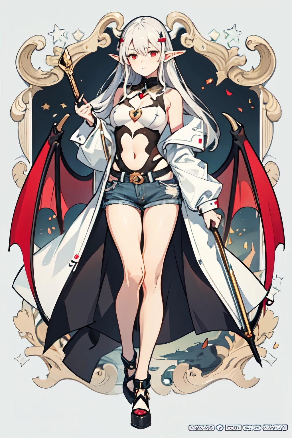 view straight standing in full growth of a young beautiful elf vampire long ash hair red eyes serious facial expression dark open top on the chest denim shorts on the legs Czech shoes cutout on the chest open breasts of the second size short legs in excellent quality