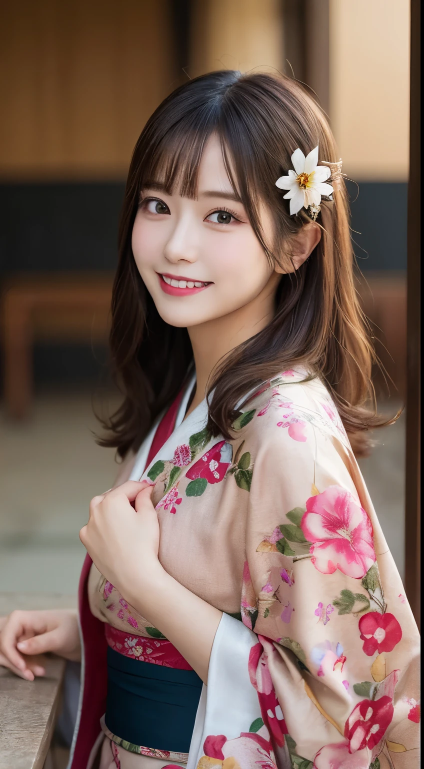 Tabletop, highest quality, figure, Very detailed, In detail, High resolution, 8k wallpaper, Perfect dynamic composition, Beautiful fine details, kimono,Medium Hair, Center of chest, Natural color lip, Random sexy poses,smile,shrine,Flower Hair Ornaments,cute,smile,looking at the camera,