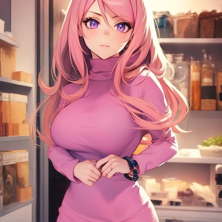 masterpiece, best quality, high resolution, UHD, 8k, ((cowboy shot)), BREAK, 1 girl, ((girl style anime)), Glossy skin, rounded eyes, beautiful eyelashes, realistic eyes, beautiful woman, with purple eyes, long hair, pink hair, with red balayage highlights, dressed in a pink turtleneck sweater, pink fur coat,  wearing a pink dress, with bracelets on their wrists, perfect body, medium breasts, BREAK, BREAK, in a clothe store very nice, with a small dog in her hands.